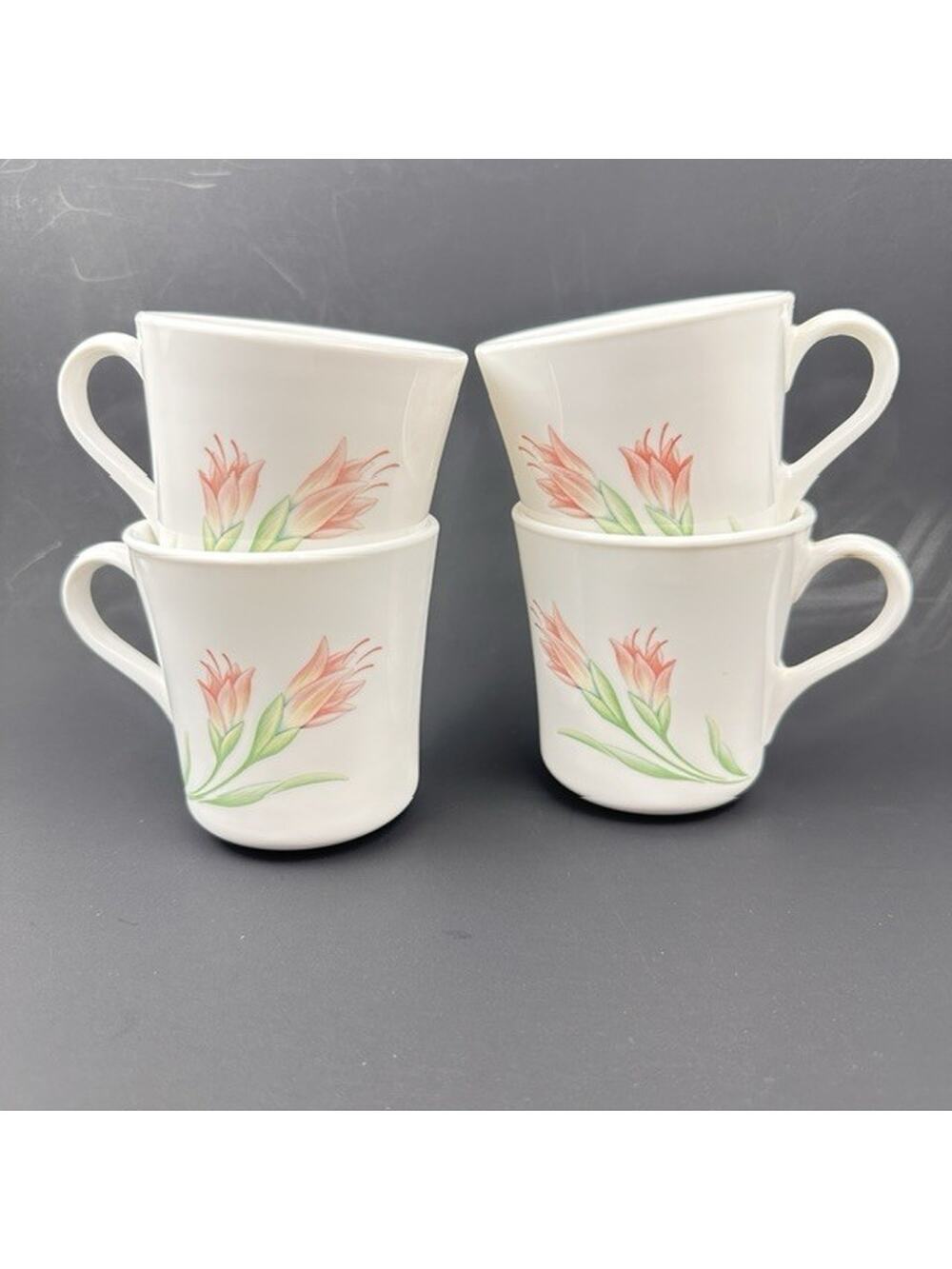 Corning Corelle Spring Breeze 4 Flat Cups Pink Flowers, Green Stalks 1990s VTG